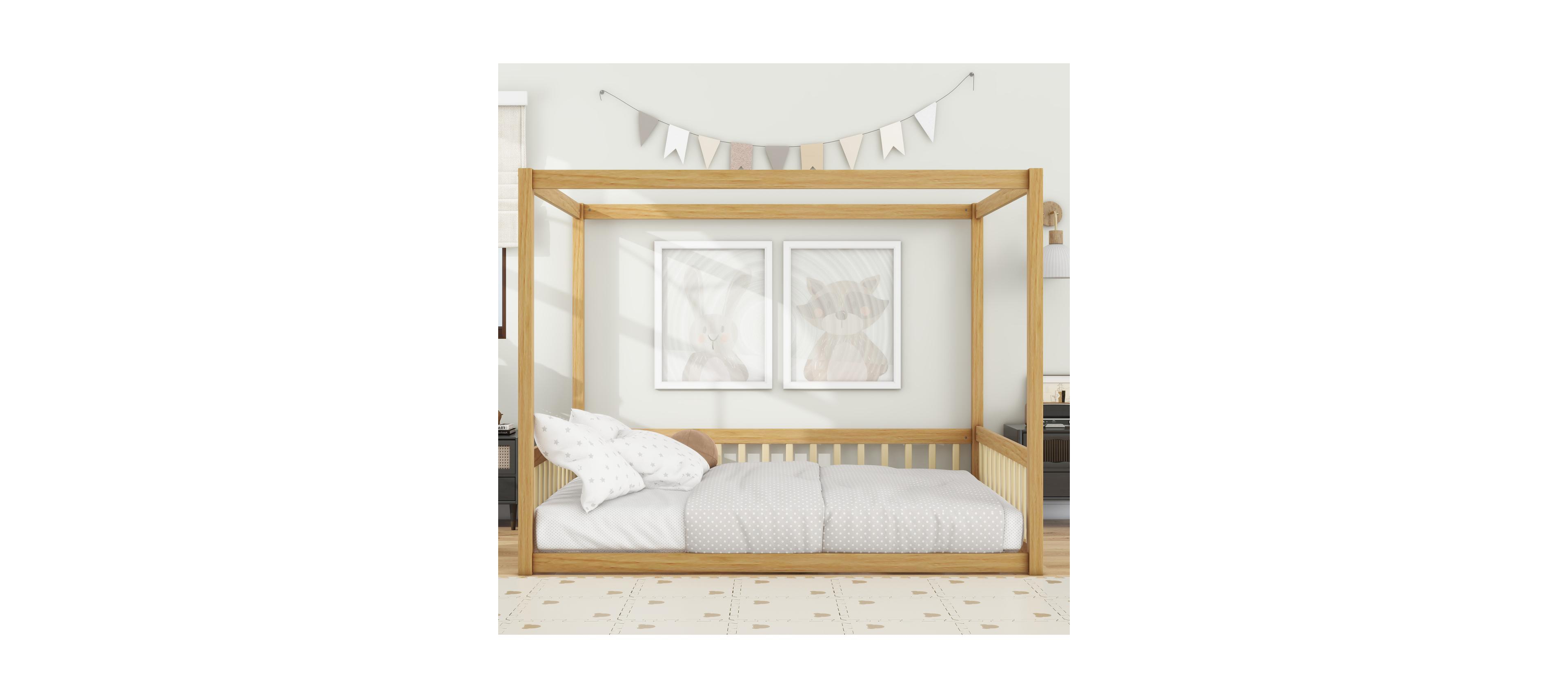 Streamdale Furniture Full Size Canopy Frame Rubber Wood Floor Bed with Fence, Guardrails