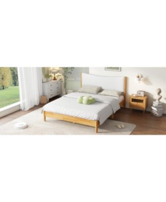 Queen Size Solid Rubber Wood Bed with Boucle Headboard, Beech White