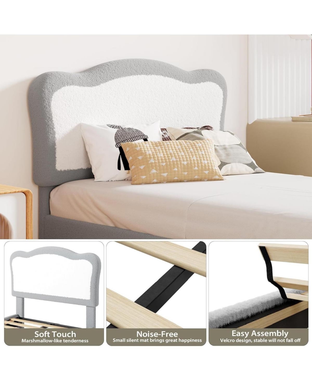 gaomon Upholstered Bed Frame with Two-Tone Scalloped Headboard, Velvet Princess Platform Solid Wood Slats, No Box Spring, Noise-Free