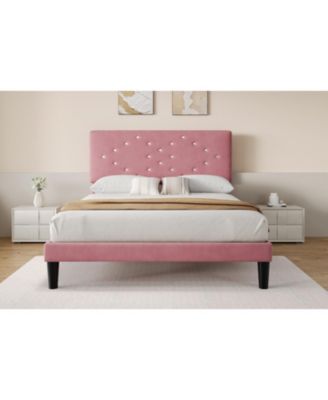 Linen Platform Bed with Button Tufted Headboard - Full