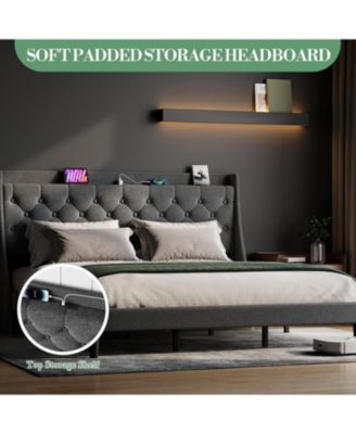 Upholstered Bed Frame with Deep Button Tufted Headboard, Wood Slats, Storage Shelf & Charging Station