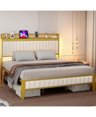Upholstered Bed Frame with Led Light and Charging Station, Platform Bed with Headboard and Storage, Noise Free, Easy Assembly