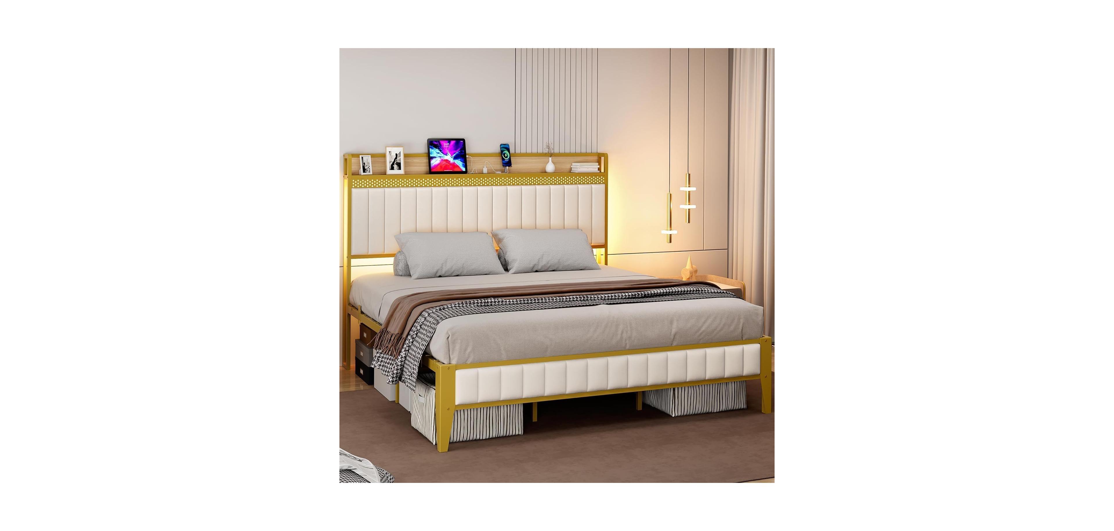 gaomon Upholstered Bed Frame with Led Light and Charging Station, Platform Bed with Headboard and Storage, Noise Free, Easy Assembly