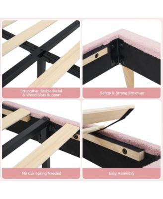 Bed Frame for Kids, Upholstered Platform Bed with Cute Boucle Velvet Headboard for Girls, No Box Spring Needed, Easy Assembly