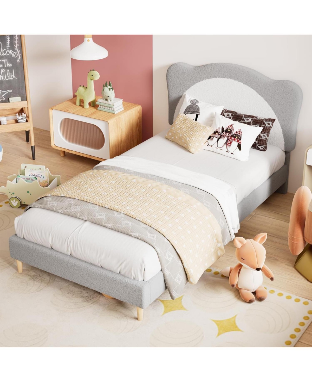 Gaomon Adjustable Scallop Headboard Velvet Upholstered Platform Bed Frame for Kids with Solid Wood Slats Support