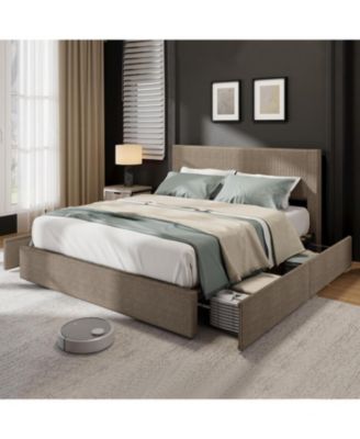 Bed Frame with 4 Storage Drawers, Platform Bed Frame with Upholstered Channel Tufted Wingback Headboard, Strong Wooden Slats Support - Full