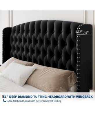 Bed Frame with Deep Button Tufted Wingback Headboard and Footboard, Velvet Upholstered Platform Frame, No Box Spring, Easy Assembly