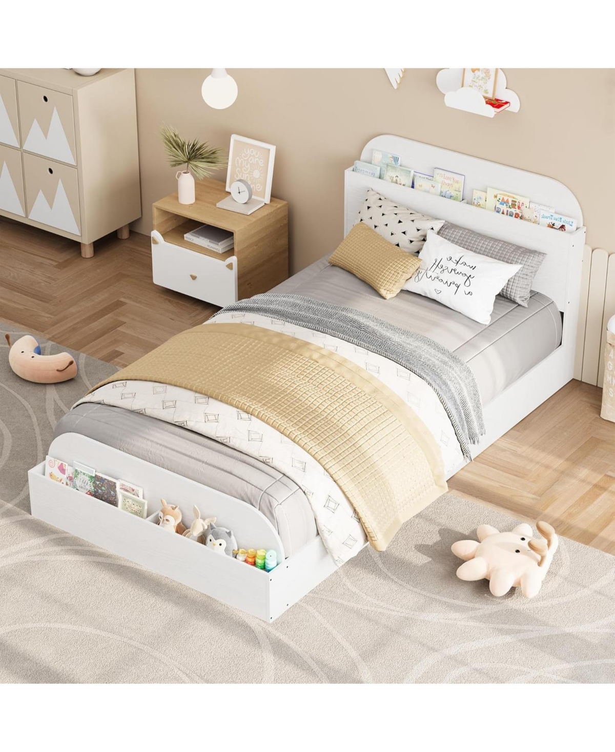 gaomon Twin Size Bed Frame, Wooden Storage Headboard, Low Platform, No Box Spring Needed, Sturdy Slats