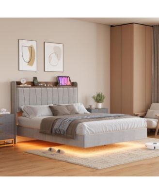 Floating Bed Frame with LED Lights & USB Charging - Modern Upholstered Platform Bed with Headboard, Solid Wood Slats, No Box Spring