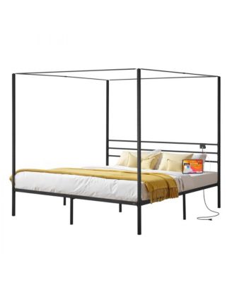 Metal Canopy Bed with Charging Station and Four Poster Frame