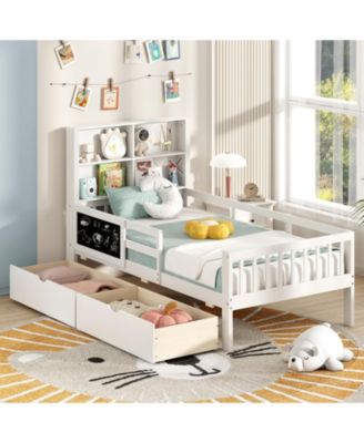 Wooden Built-In Bookcase, 2 Storage Drawers, Guardrails, Durable Design Storage Bed