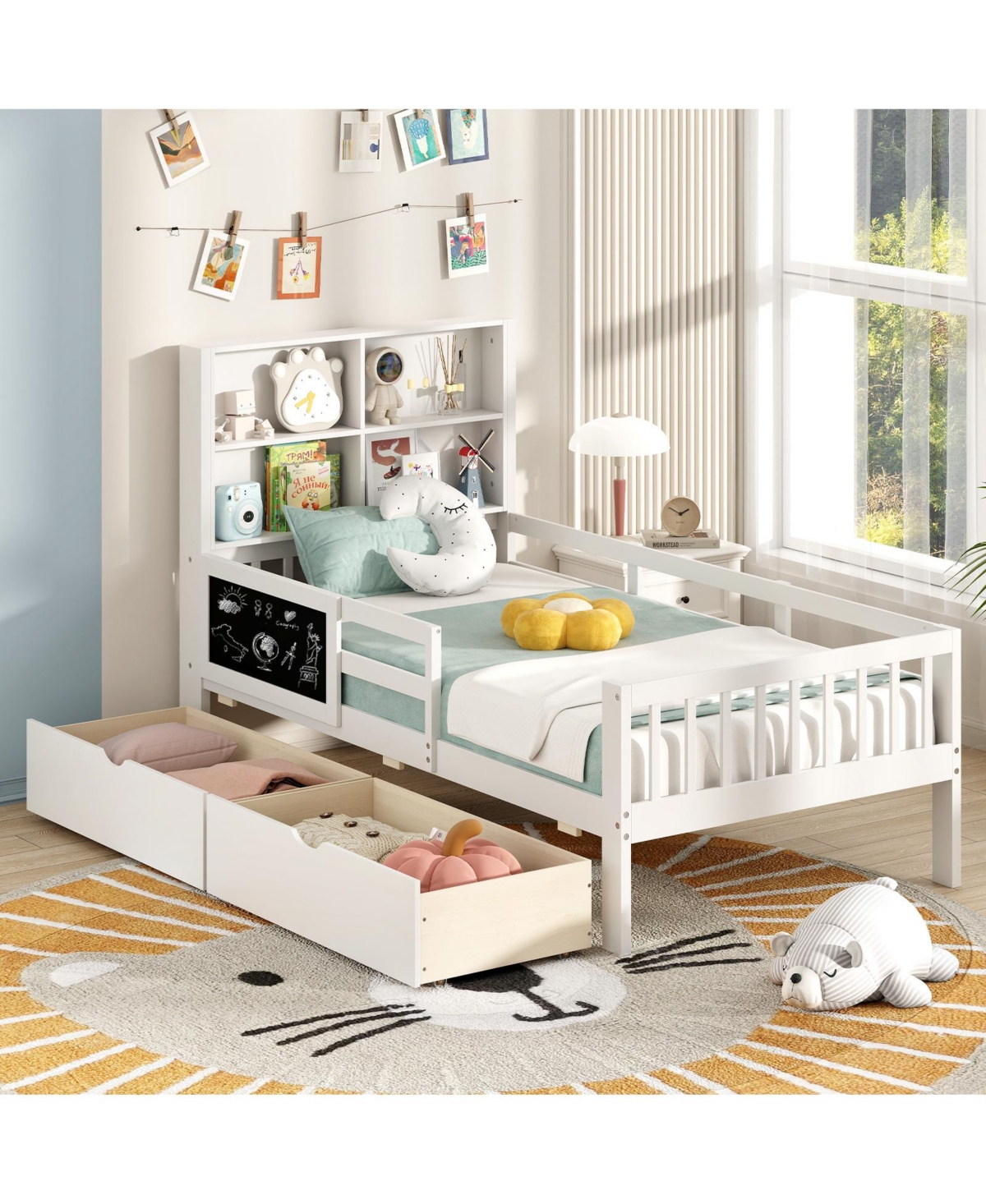 Slickblue Wooden Built-In Bookcase, 2 Storage Drawers, Guardrails, Durable Design Storage Bed