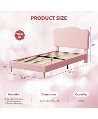 Twin Kids Velvet Bed Frame with Scallop Headboard, Sturdy Upholstered Platform Bed with Wood Slats - Full