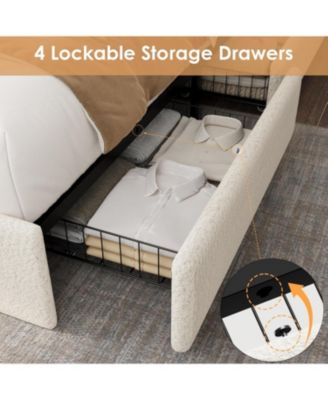 Queen Size Boucle Bed Frame with Storage Headboard, Charging Station, LED Lights, 4 Drawers, No Box Spring Needed.
