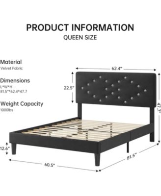 Queen Size Upholstered Platform Bed with Button Tufted Headboard, Under Bed Storage, Sturdy Wood Slats, Black