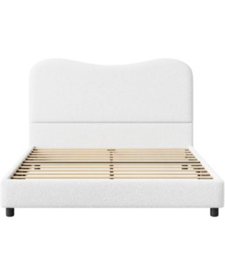 Queen Size White Boucle Bed Frame with Upholstered Headboard, Low Profile, Heavy Duty Wooden Slats, No Box Spring Needed
