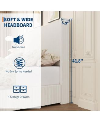 King Size Upholstered Platform Bed Frame with Storage Drawers, Corduroy Wingback Tufted Headboard & Footboard, Beige