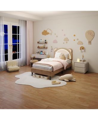 Twin Kids Upholstered Platform Bed Frame with Adjustable Headboard, LED Light, Wood Slats, No Box Spring, Coffee