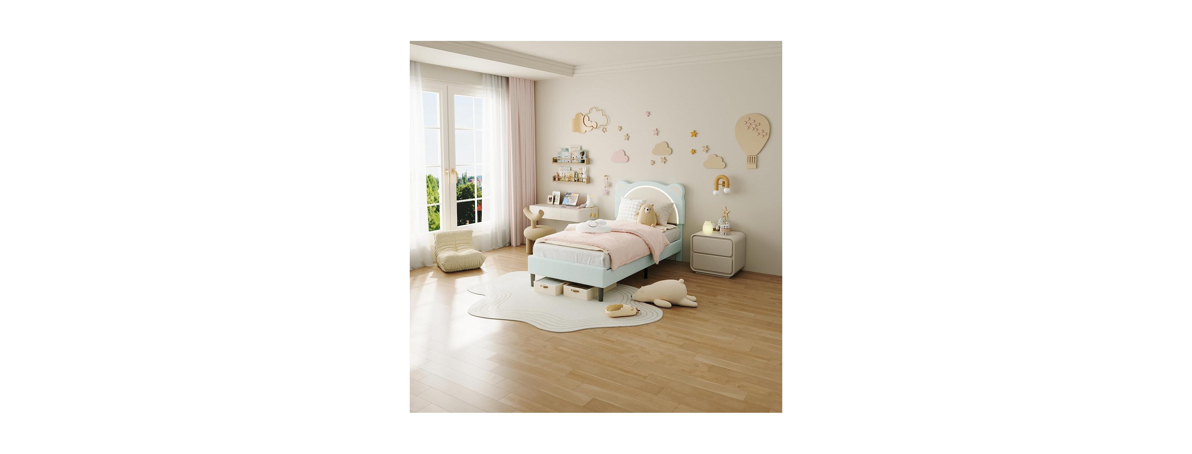 gaomon Upholstered Twin Kids Platform Bed Frame with Adjustable Headboard, Led Light, Wood Slats, No Box Spring – Bed Frame