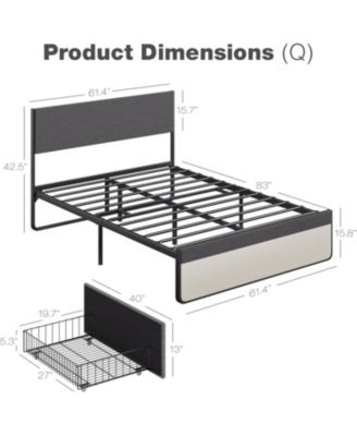 Queen Upholstered Bed Frame with Headboard Storage Platform 2 Drawers Footboard Steel Slats No Box Spring