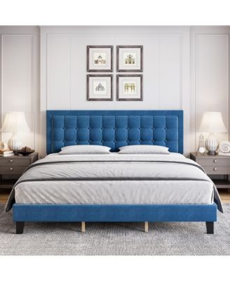 King Size Square Platform Bed Frame Blue Metal Design Wood Slat Support No Box Spring