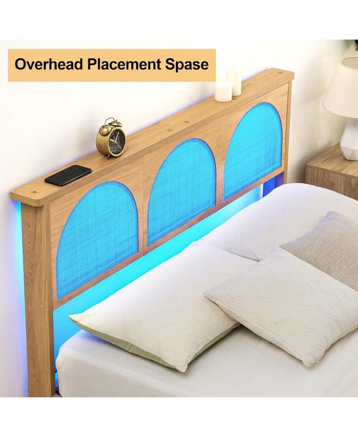 gaomon Queen Size Rattan Bed Frame with Led Storage Headboard & Solid Wood Legs, No Box Spring, Natural