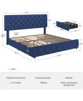 King Size Platform Bed Frame Adjustable Headboard 4 Drawers Modern Grey Upholstered with Footboard Wood Slats
