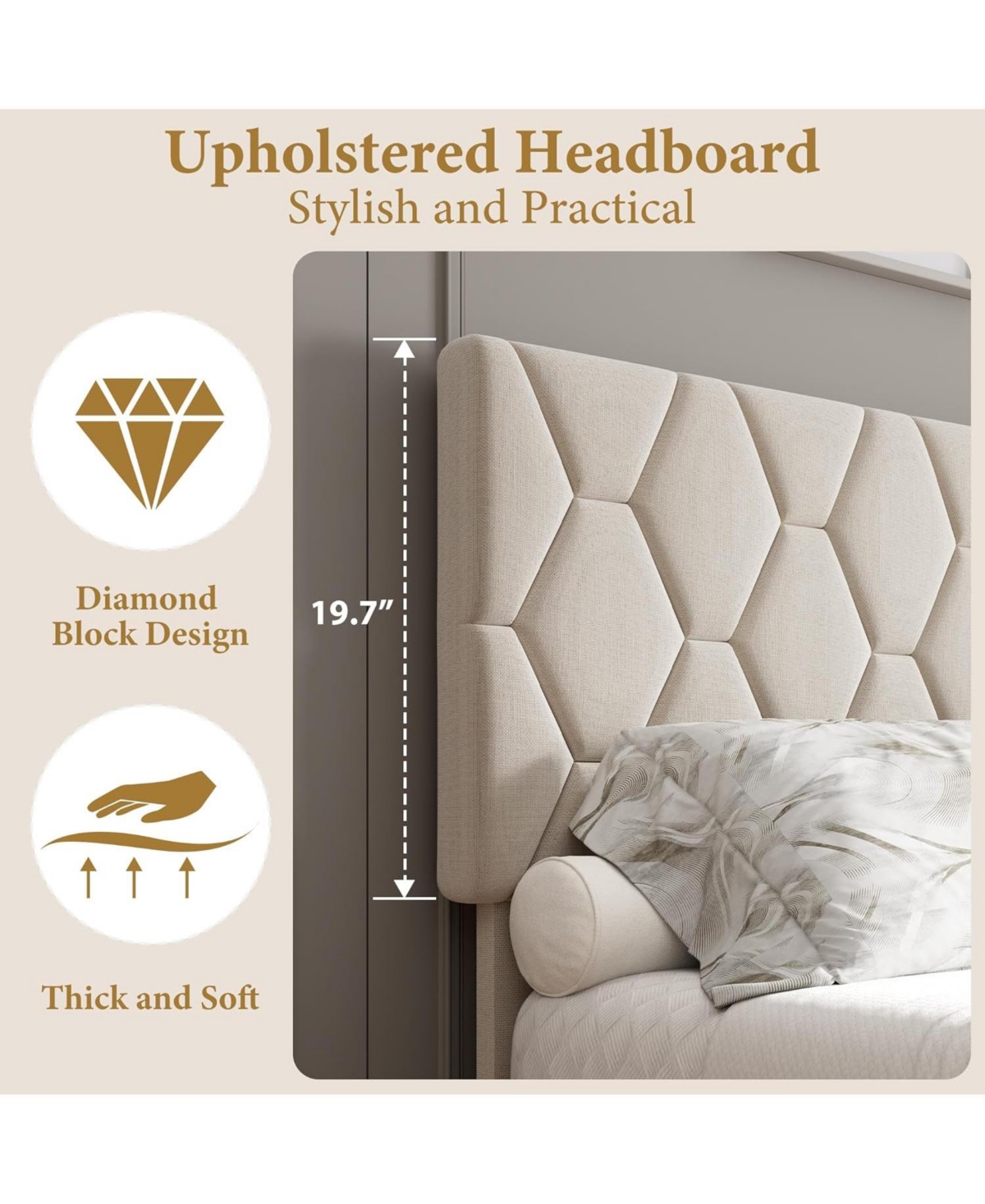 gaomon Full Upholstered Bed Frame Heavy Duty Platform with Upholstered Headboard Strong Wood Slats No Box Spring Noise Free Beige