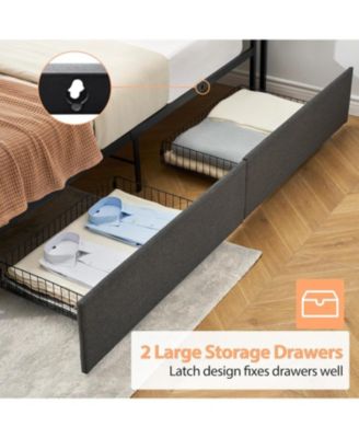 Queen Bed Frame Linen Upholstered Storage Headboard 2 Drawers Built-in Charging Station Heavy Duty Noise Free