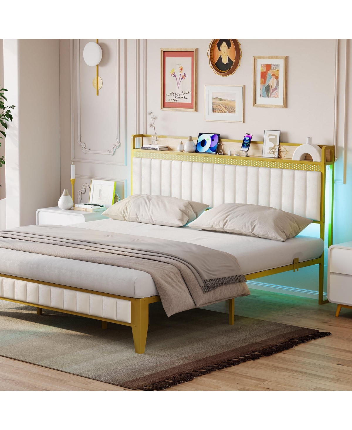 King Bed Frame with Storage Headboard Led Platform Bed Charging Station Easy Assembly White