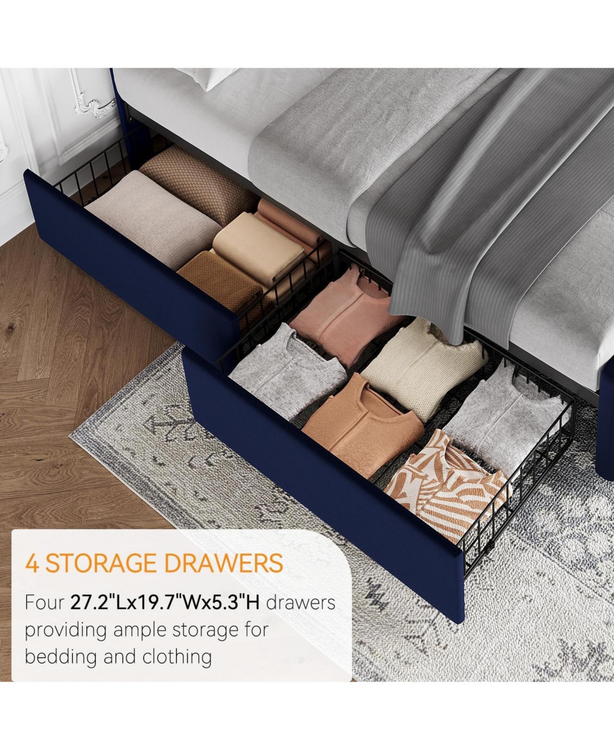 gaomon Upholstered Bed Frame 4 Storage Drawers Headboard Linen Platform Wooden Slats Button Tufted