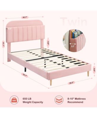 Twin Bed Frame with Storage Headboard Velvet Upholstered Platform for Girls Wooden Slats Noise Free Easy Assembly