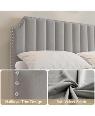 King Size Velvet Bed Frame 50.2in Headboard Footboard Upholstered Platform Nailhead Trim No Box Spring Noise Free Grey