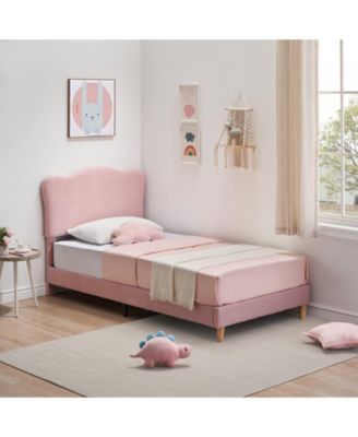 Twin Bed Frame Upholstered Platform Adjustable Headboard Wooden Slats No Box Spring Needed Pink