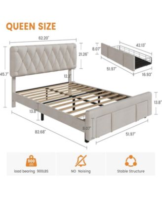 Queen Size Upholstered Platform Bed Frame Storage Drawers Wooden Slats No Box Spring Needed Beige