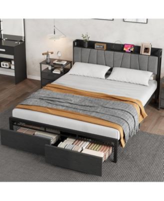 Queen Size Black Platform Bed Frame Metal+PB Board Upholstered Two Mesh Drawers Charging Station Metal Slats No Box Spring