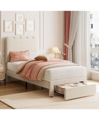 Twin Bed Frame with Storage Drawer and Headboard Velvet Upholstered Platform Girls Wooden Slats Noise-Free