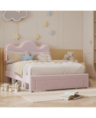Full Size Boucle Upholstered LED Platform Bed Frame with Storage Drawers Flower Headboard