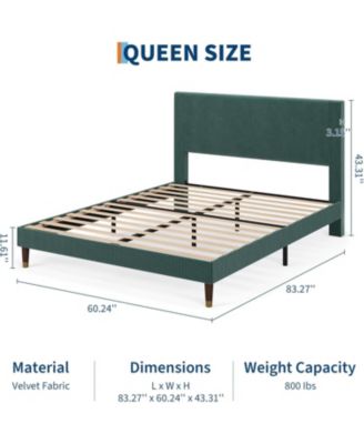 Queen Size Upholstered Platform Bed Frame Modern Fabric Headboard Metal Frame Wooden Slats Double Support No Box Spring Green
