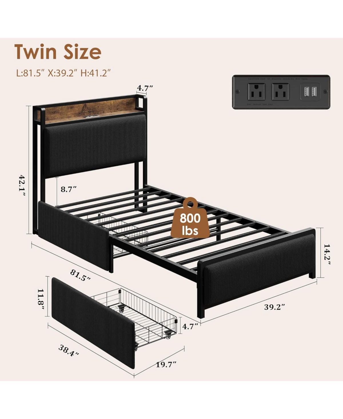 gaomon Twin Size Black Linen Upholstered Platform Bed Frame 2 Storage Drawers Charging Station Storage Headboard Heavy Duty
