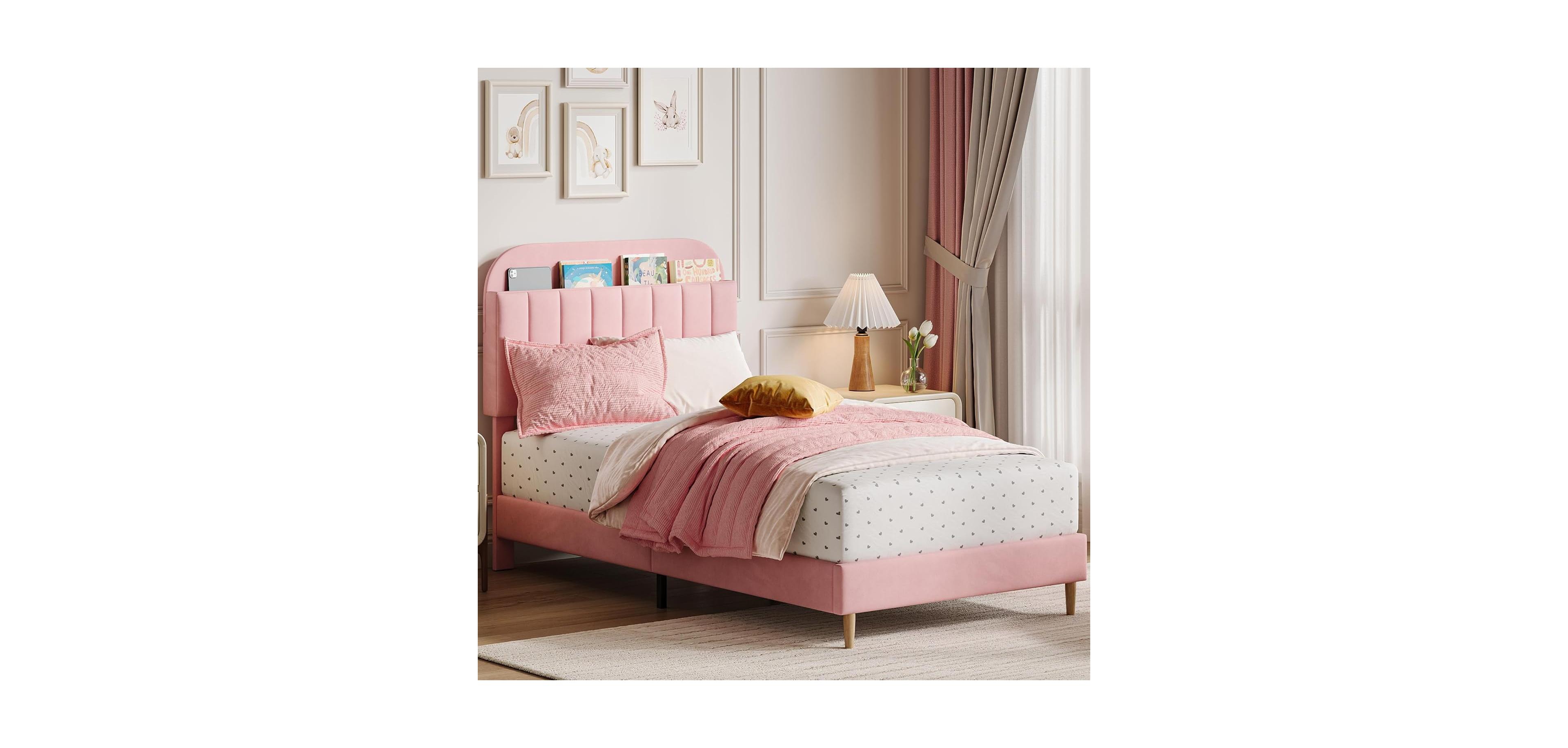 Gaomon Easy Assembly Twin Size Bed Frame Upholstered Platform Twin Size Bed Space Saving, for Living Room, Guest Room