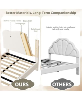 Full Size Bed Frame for Kids with Scallop Headboard, Cute Velvet Twin Bed for Girls, Boys, Sturdy Platform Bed