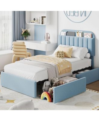 Twin Bed Frame with Storage Headboard, Girls Bed Frame with 2 Drawers