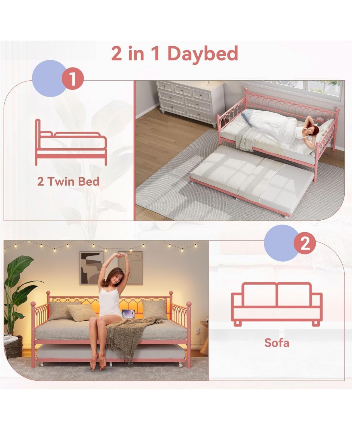 Gaomon Twin Daybed with Trundle, Day Bed with Charging Station & Led Lights