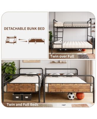 Bunk Bed Twin Over Full Size with High Guardrail and Ladder,Twin Size Convertible Metal Bunk Beds
