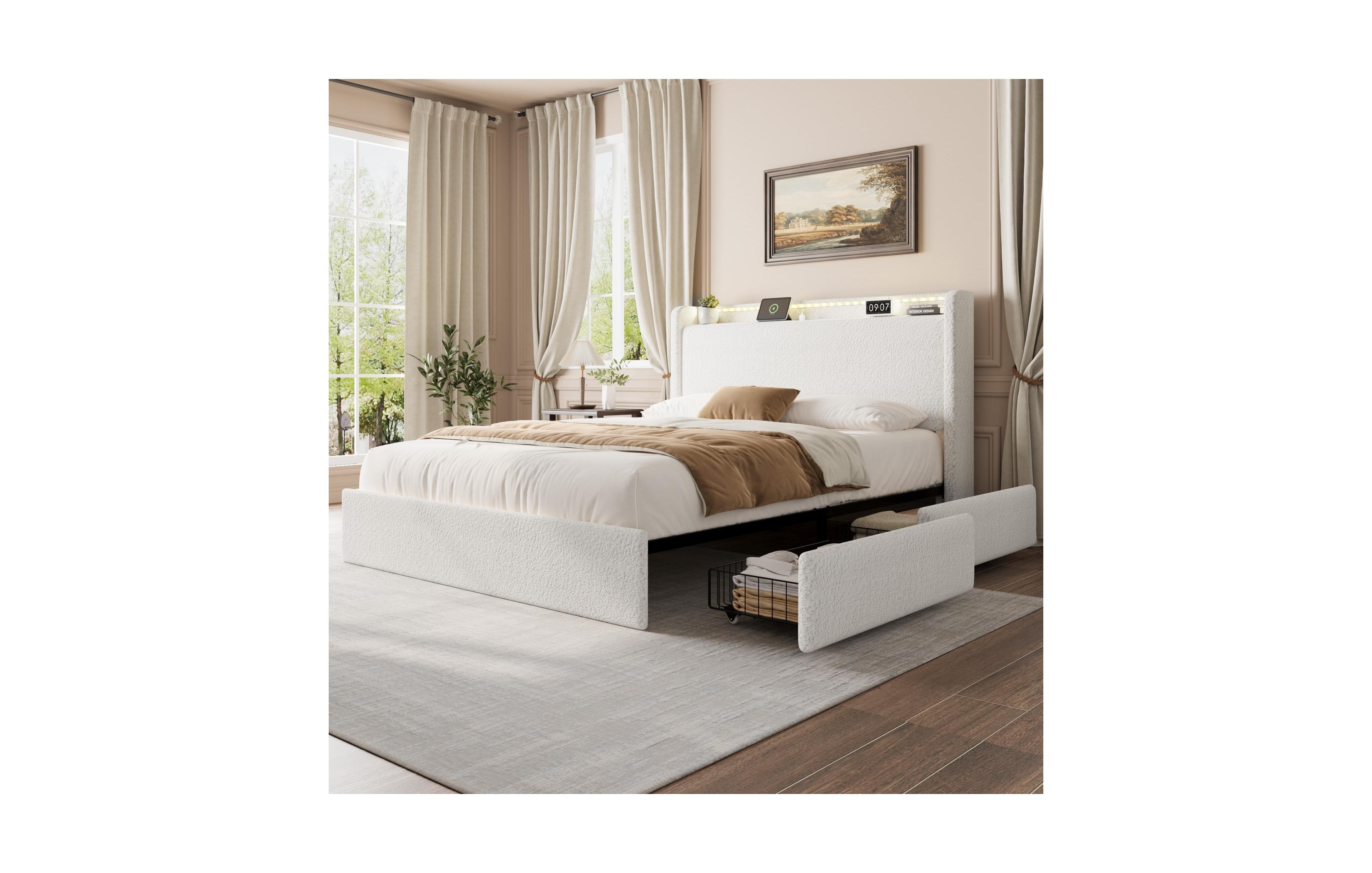 Queen Size Boucle Bed Frame with Storage Headboard, Charging Station and Led Lights