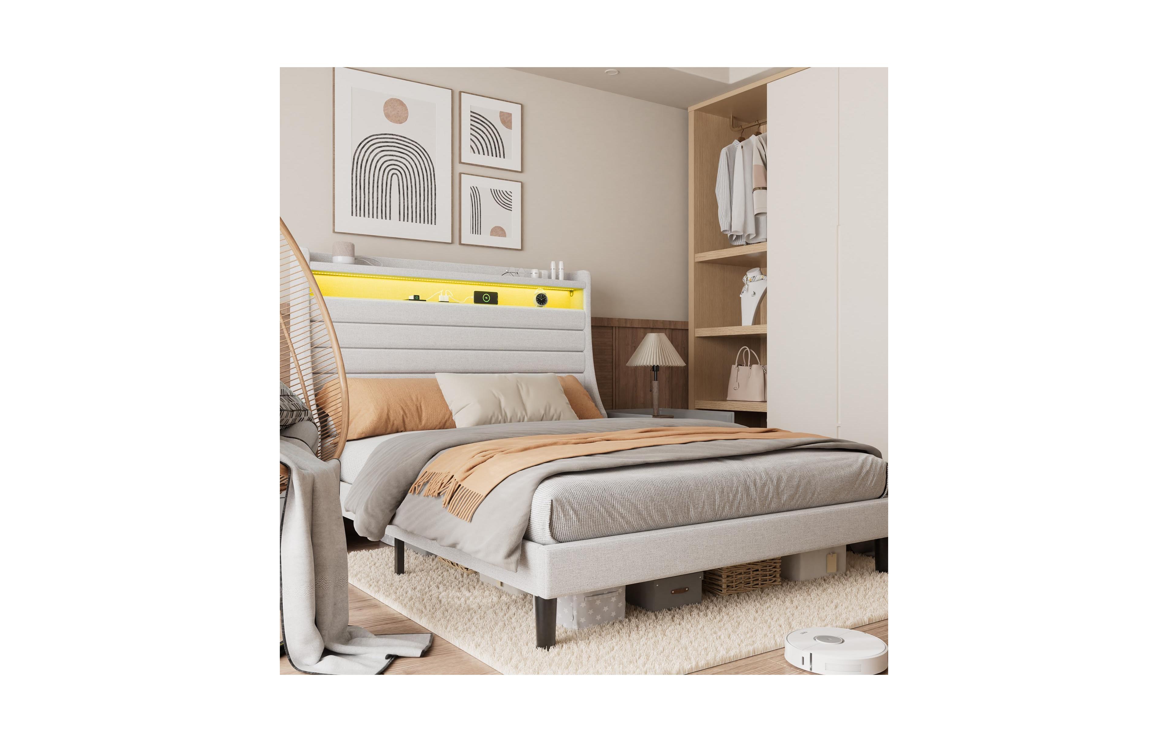 Gaomon Queen Bed Frame with Usb Charging Station & Led Lights