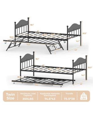Daybed with Trundle, Metal Twin Size Day Bed with Stylish Headboard, Sofa Bed Frame with Pop Up Foldable Trundle Bed