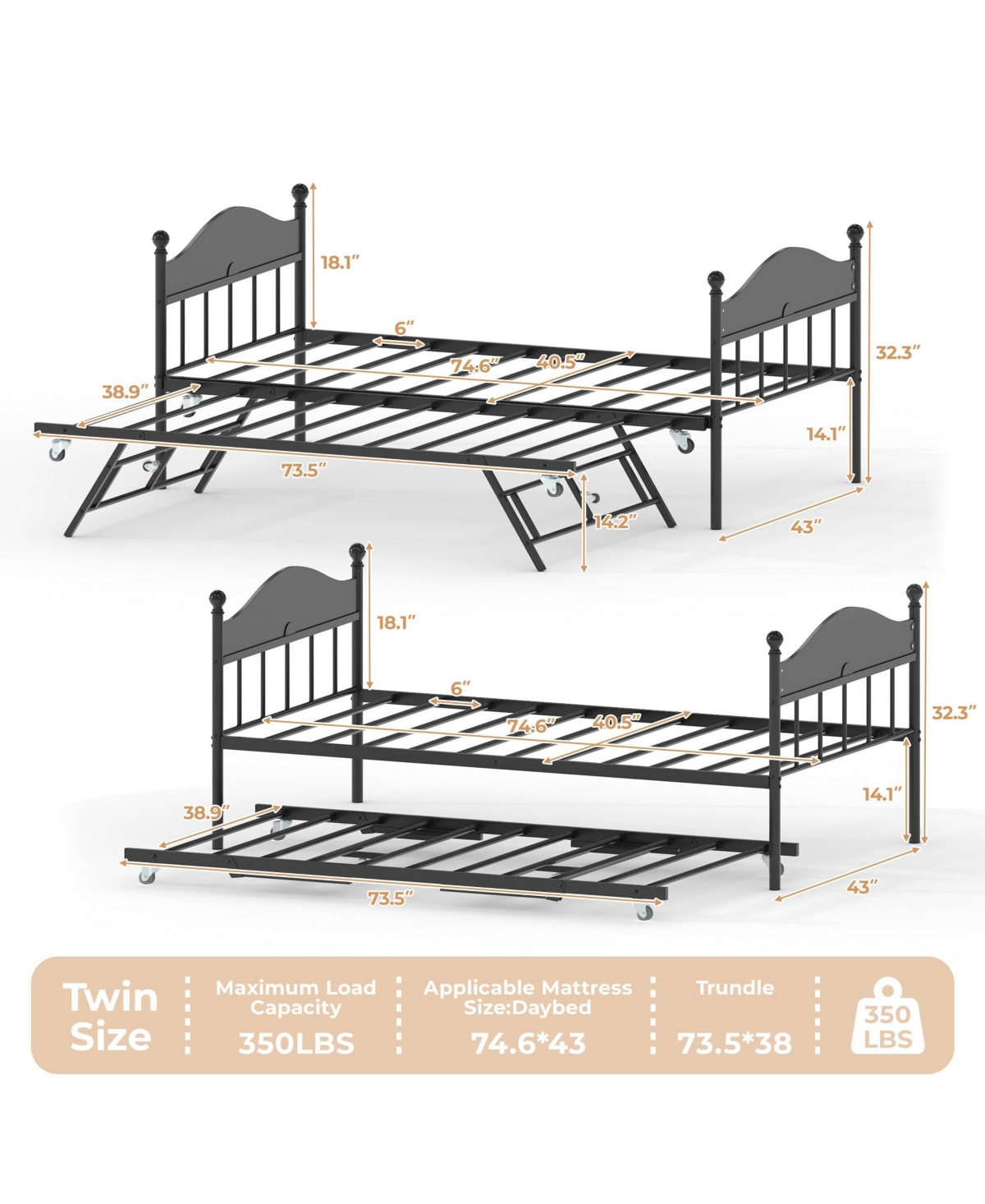 Daybed with Trundle, Metal Twin Size Day Bed with Stylish Headboard, Sofa Bed Frame with Pop Up Foldable Trundle Bed