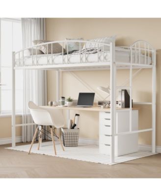 Loft Bed Twin Size, Heavy Duty Metal Loft Bed Frame with Arched Guardrail and Safety Ladder